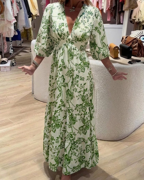 Kleid Tiefer V-Ausschnitt Elegant Blumig Lang