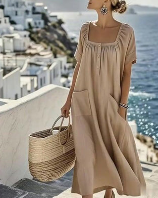 Kleid Quadratischer Ausschnitt Locker Halbgeknöpft Lang