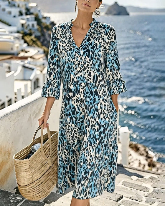 Kleid Rüsche Verlauf V-Ausschnitt Leopard