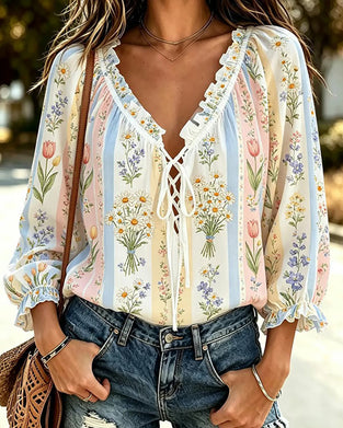 Bluse Farbblock Blumen Bindung V-Ausschnitt