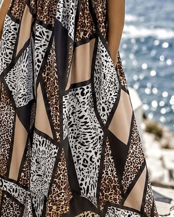 Kleid Geometrisch Patchwork Leopard Voll Rock Maxi