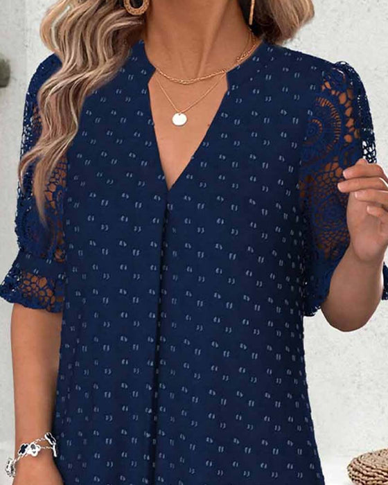 Kleid V-Ausschnitt Druck Spitze Patchwork A-Linie
