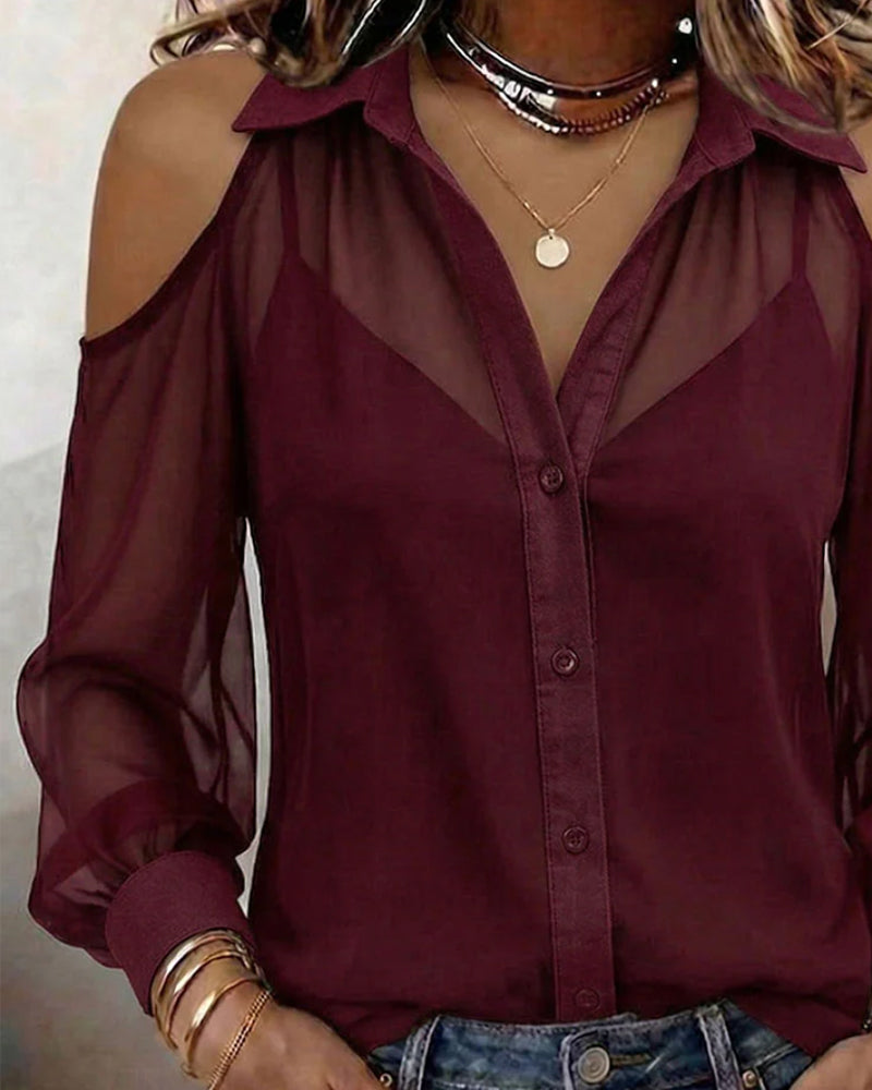 Zweiteilig Set Kragen Nackte Schulter Durchsichtig Bluse Top