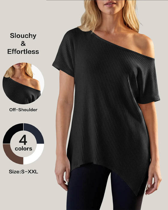 T-Shirt Unregelmäßig Off-Shoulder Kurzer Ärmel Gerippt