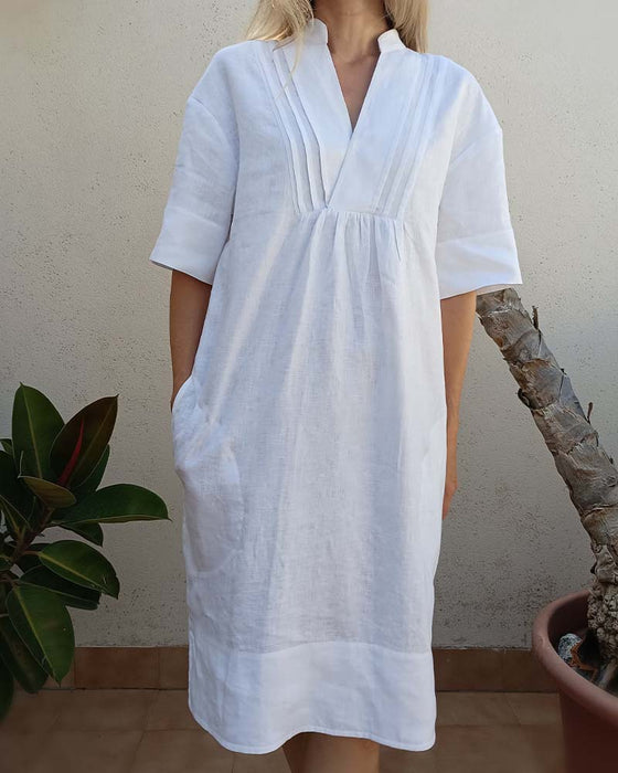 Kleid V-Ausschnitt Plissiert Baumwolle Und Leinen