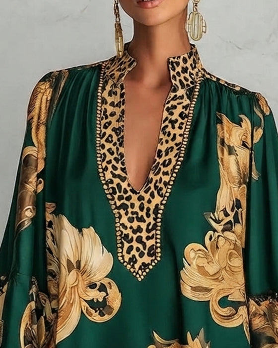 Kleid Leopard Laterne Ärmel Stehkragen Druck