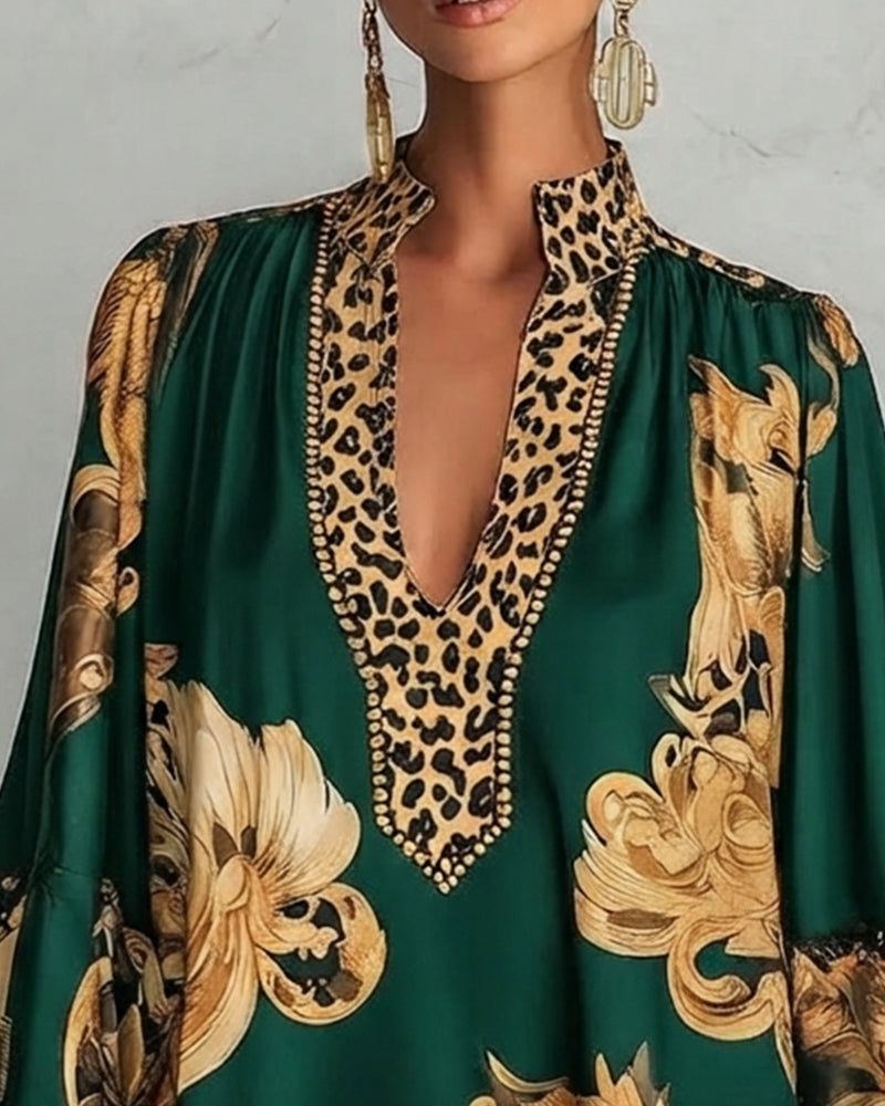Kleid Leopard Laterne Ärmel Stehkragen Druck