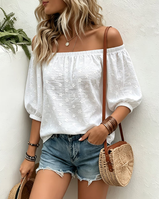 Bluse Jacquard Off-Shoulder Puffärmel
