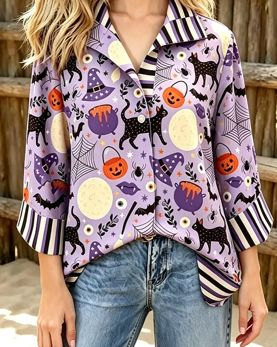 Bluse Revers Knopf Streifen Halloween