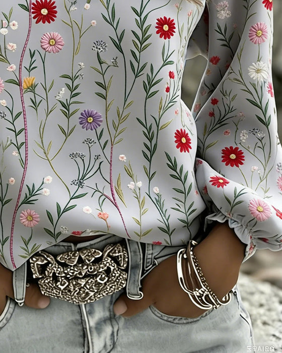 Bluse Blumendruck Puffarm V-Ausschnitt