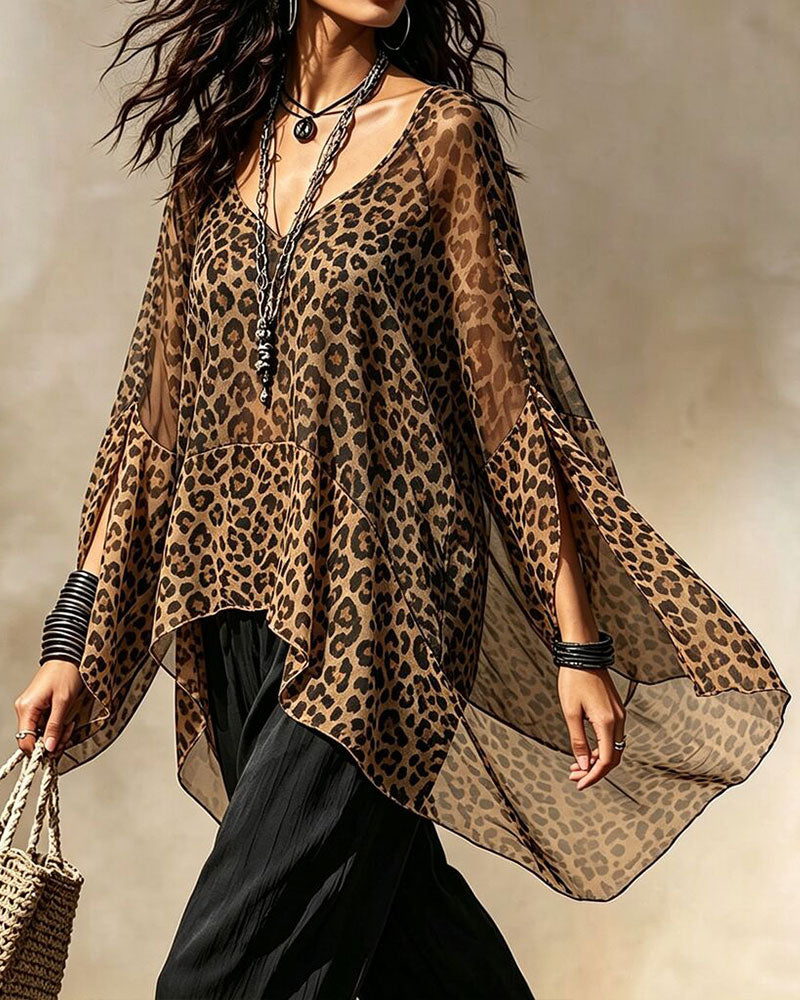 Bluse V-Ausschnitt Leopard Unregelmäßig