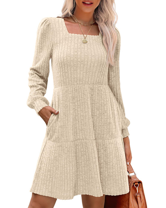 🍂2025 Herbst Neue Kollektion⏰ Damenkleid mit Quadrat-Ausschnitt, Laternenärmeln und Rippstruktur