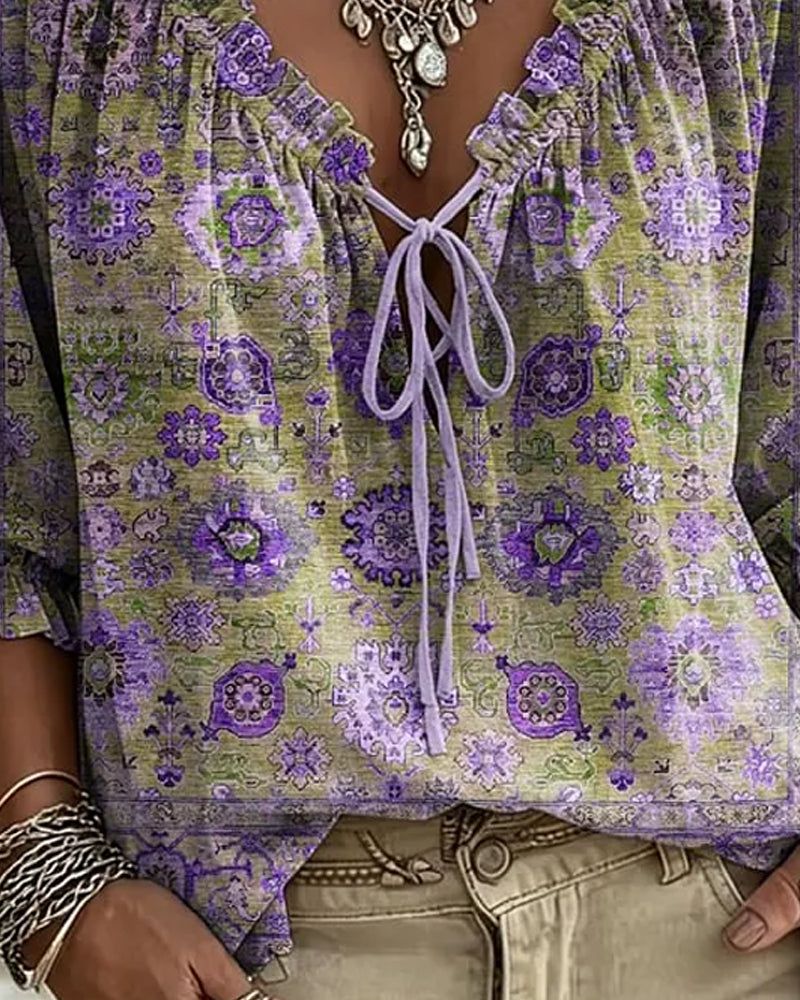 Bluse V-Ausschnitt Bindung Vintage Print