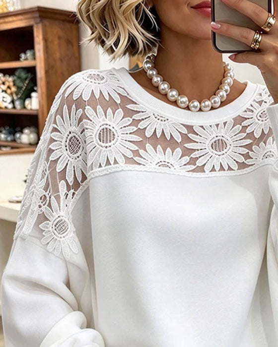Sweatshirt Rundhals Sonnenblume Spitze Patchwork