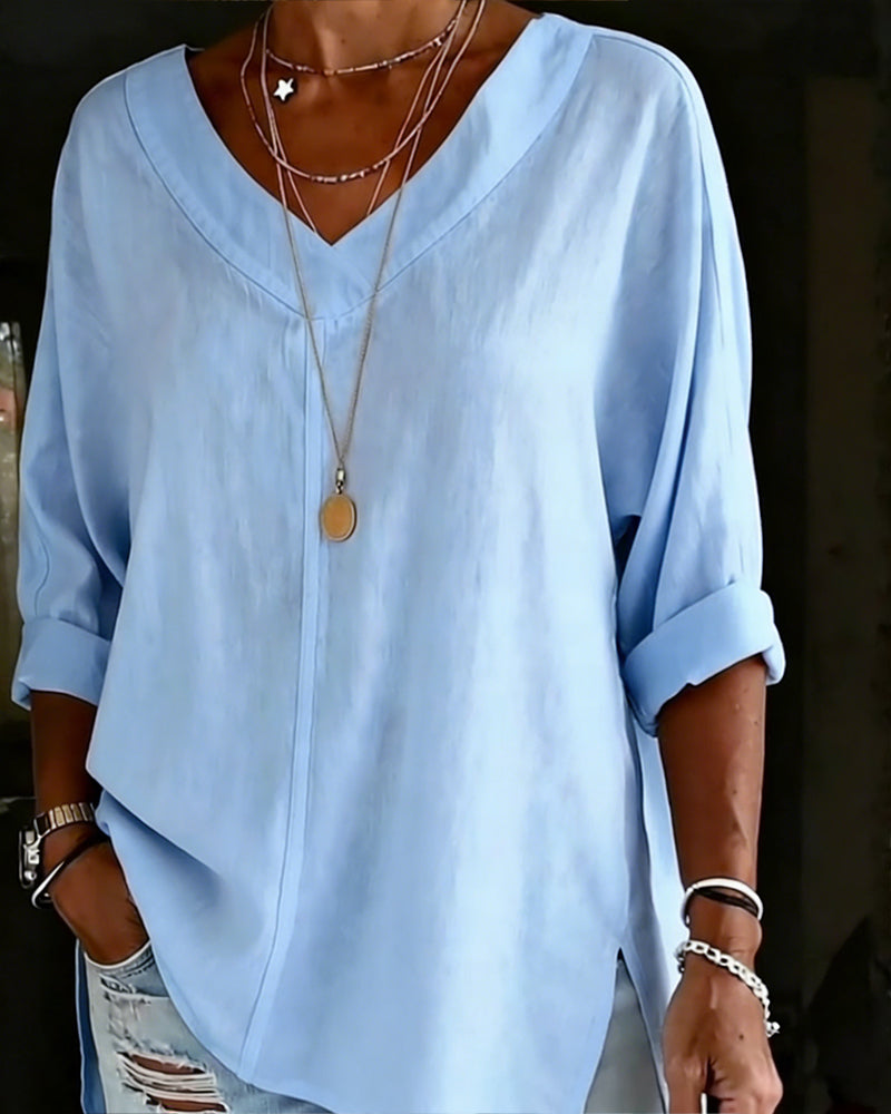 Top V-Ausschnitt Sieben-Ärmel Geteilt Baumwolle Leinen