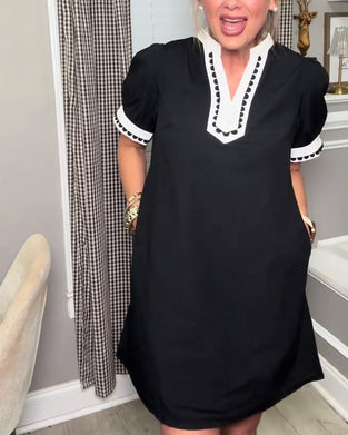 Kleid Blase Ärmel Farbblock V-Ausschnitt