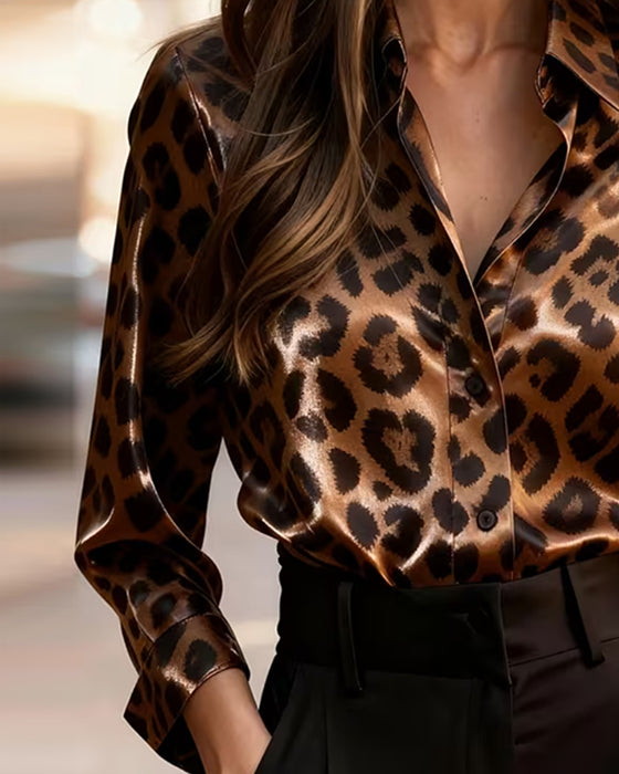 Bluse Revers Leopard Druck Langarm Drapiert