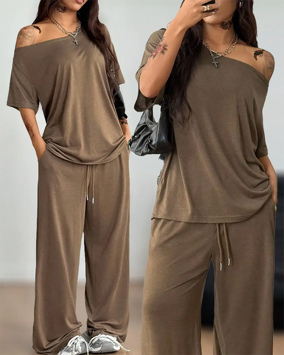 Set Schräger Hals Kordelzug In Der Taille Weit Bein Hose