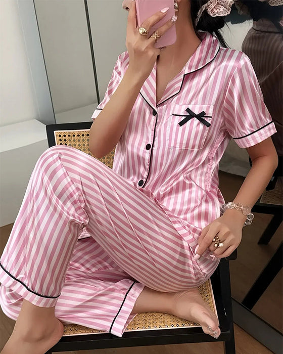 Pyjama-Set Gestreifter Hemdkragen Schleife