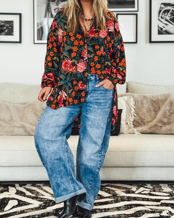 Hemd Blumenprint lockere Passform langärmlig