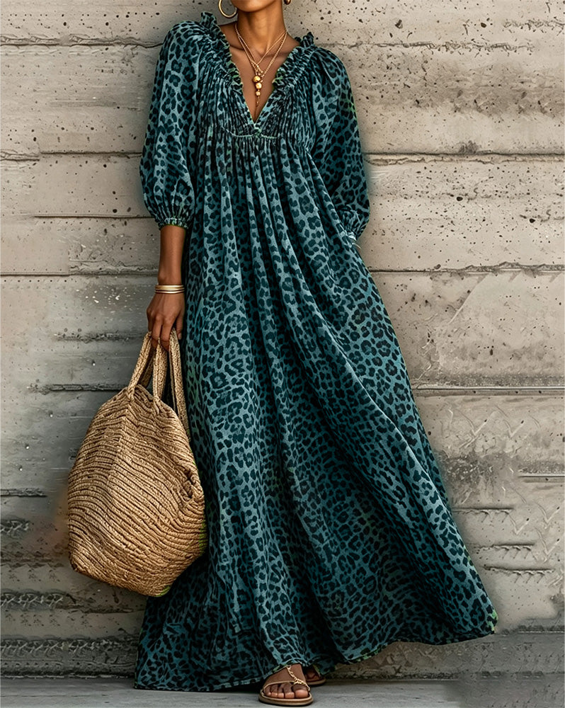 Kleid Leopard Druck V-Ausschnitt Puff Ärmel