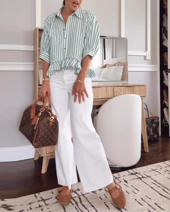 Bluse mit Revers gestreift mit Rüschen