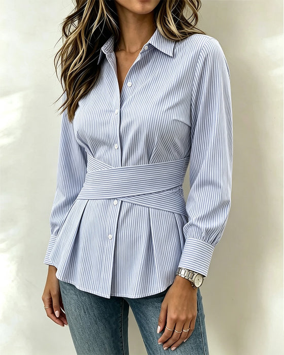 Bluse Gestreift Taille-Zug Gürtel