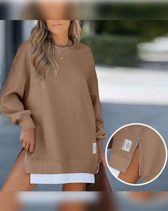 Lässiges Sweatshirtkleid Mit Langen Ärmeln, Reißverschluss Und Schlitz