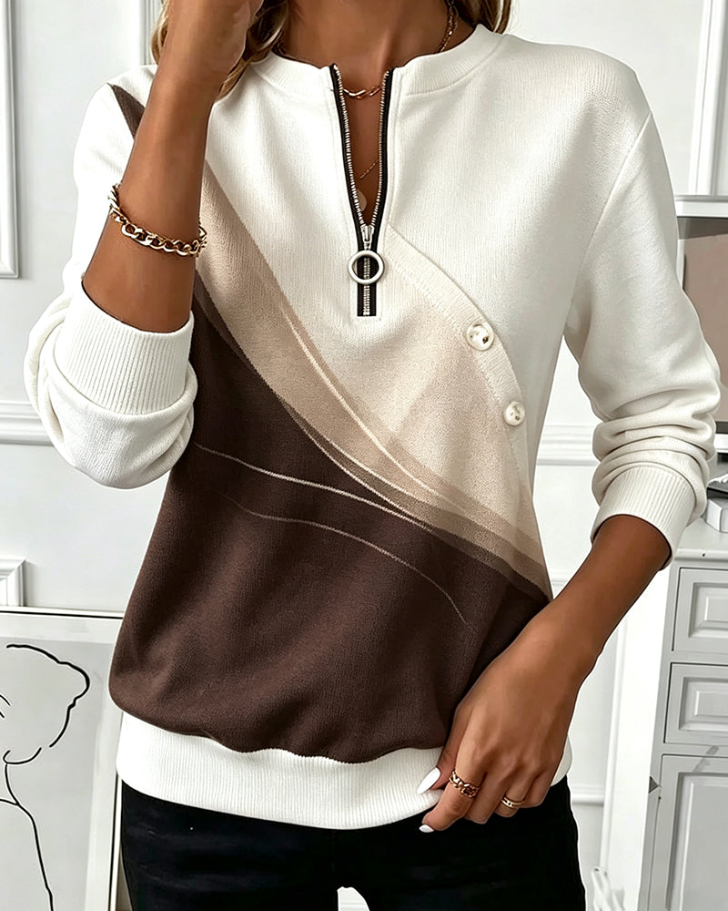 Sweatshirt Farbblock Twill Knopf Halb-Reißverschluss