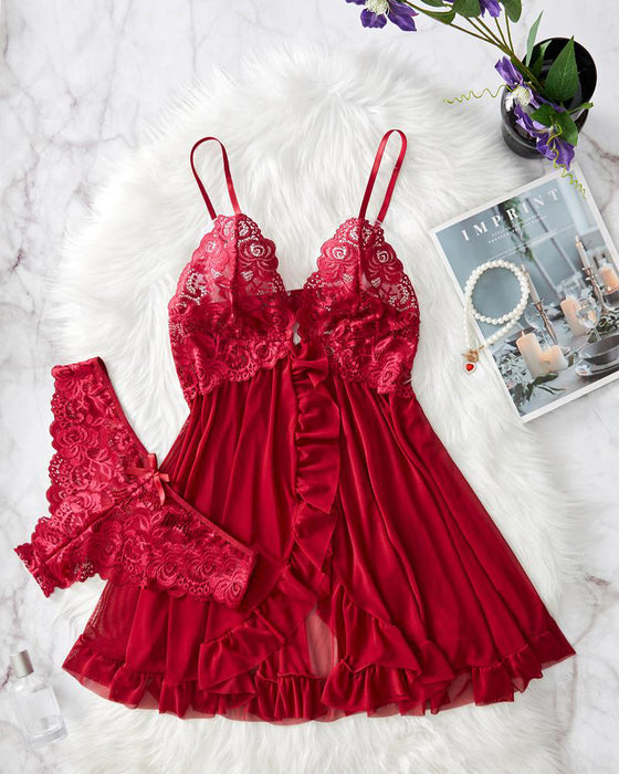 Cami Nachthemd & Schleifen-Deko Slip Set Damen Sexy Rüschenbesatz Spitze