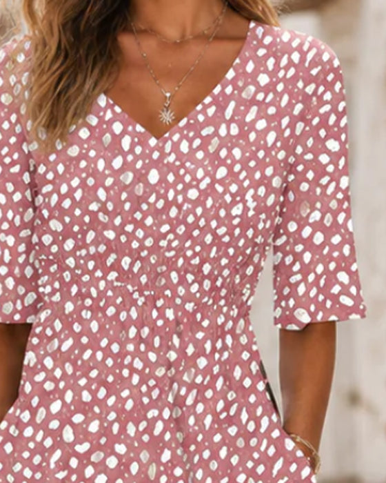 Kleid V-Ausschnitt Tupfen Rüsche A-Linie