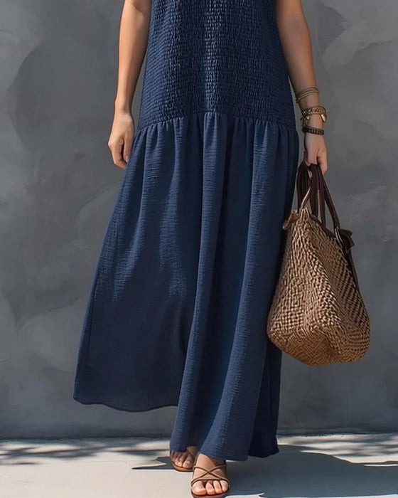 Kleid V-Ausschnitt Träger Gerafft Patchwork Ärmellos