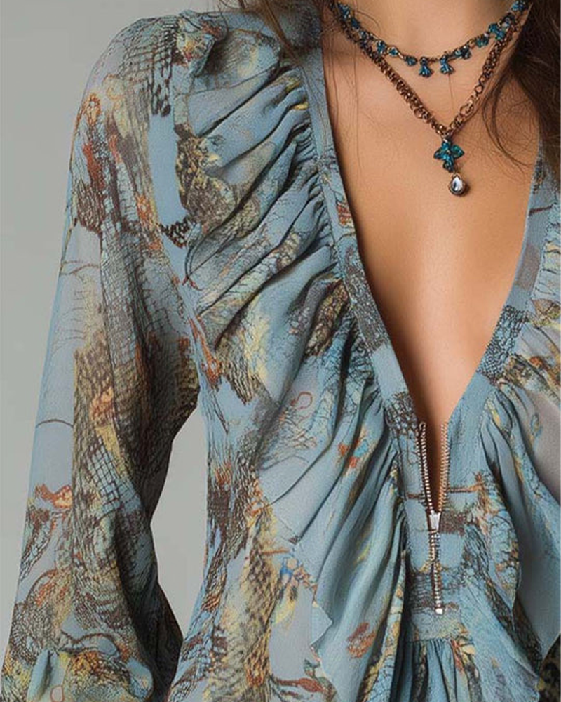Bluse Tiefes V Rüschen Druck Elegant