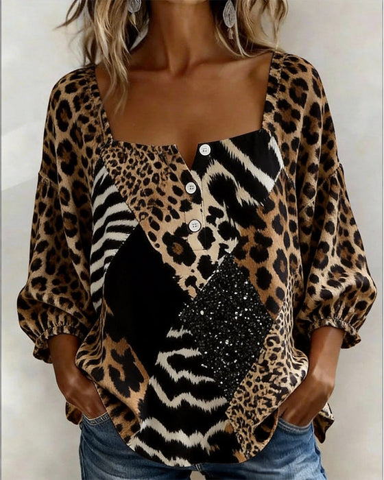 Bluse Quadratischer Ausschnitt Leopardenmuster Patchwork Paillette
