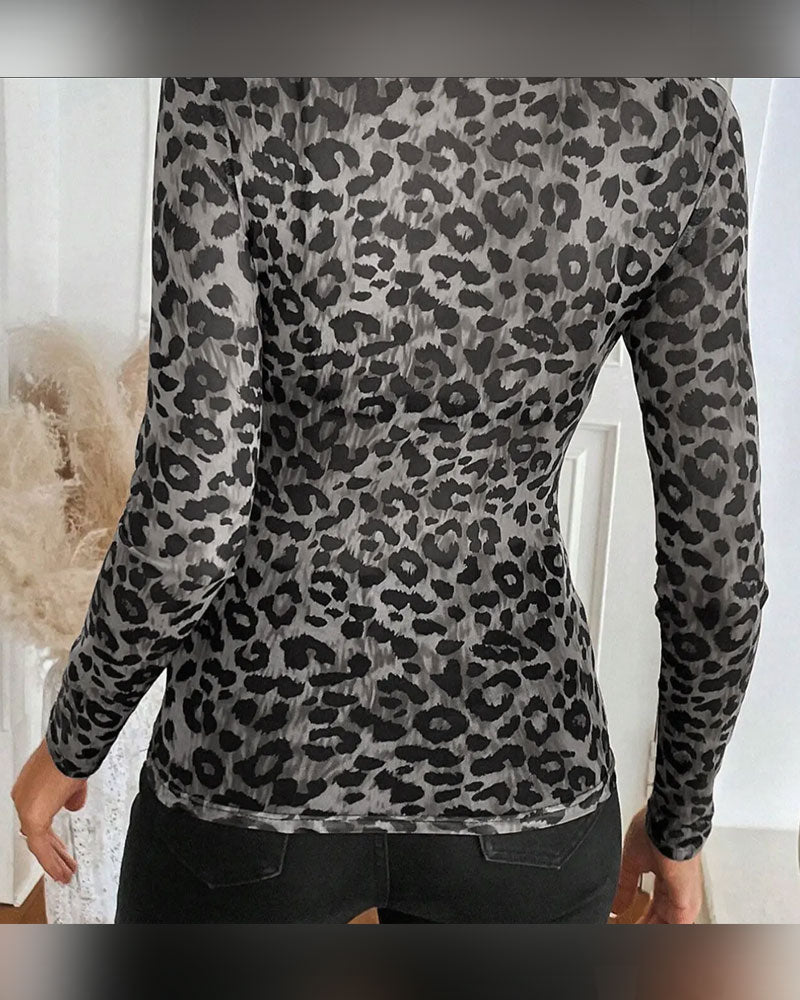 Top Leopardenmuster Rundhals Langarm