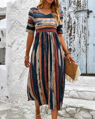 Kleid Rundhals Gestreift Hohe Taille A-Linie
