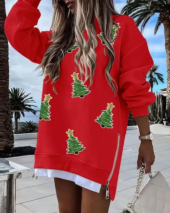 Kleid Weihnachtsbaumprint Seitenreißverschluss Sweatshirt