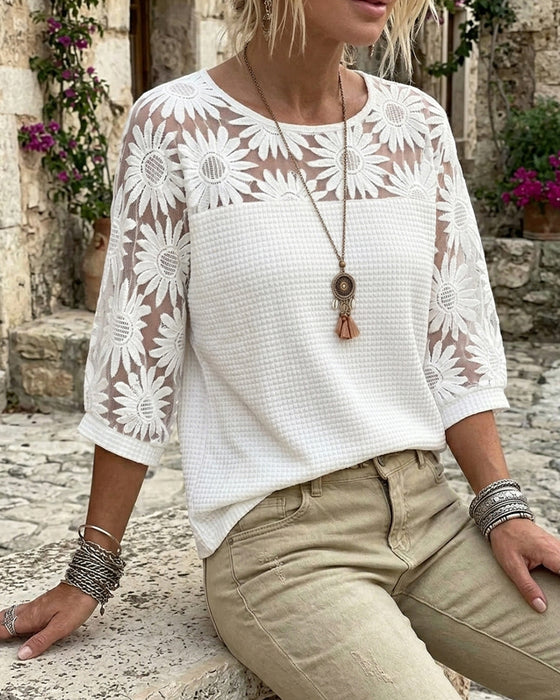 T-Shirt Runder Hals Spitze Waffel Patchwork
