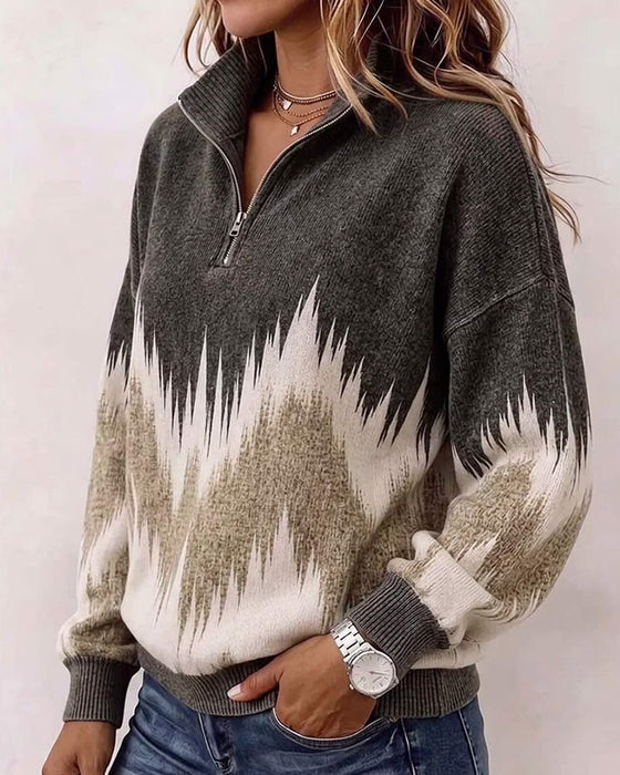 Sweatshirt Kragen Reißverschluss Farbblock Locker