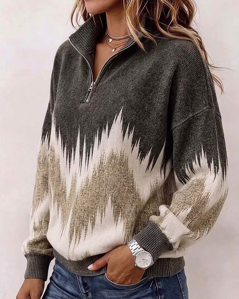 Sweatshirt Kragen Reißverschluss Farbblock Locker