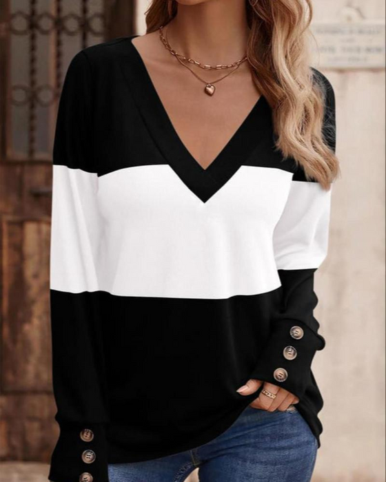 T-Shirt Damen Colorblock Druck Knopf Deko Fallende Schulter