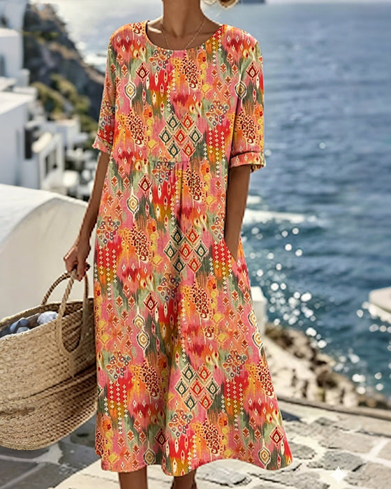 Kleid Runder Ausschnitt Resort Druck