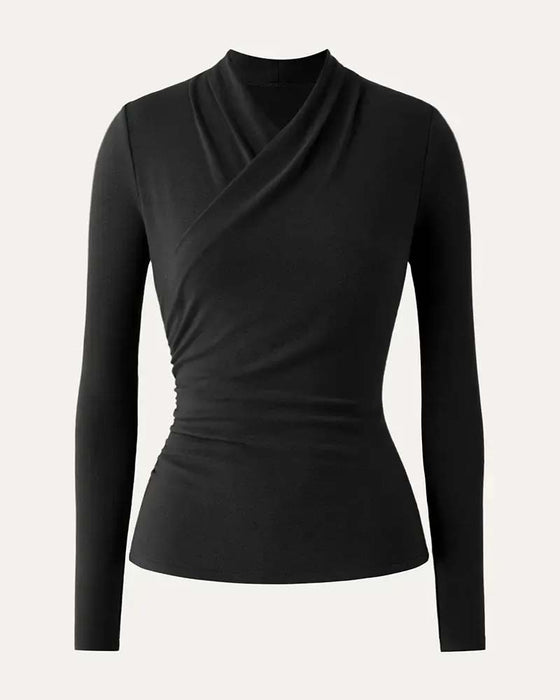 Top Kreuz V-Ausschnitt Plissierte Taille Langarm