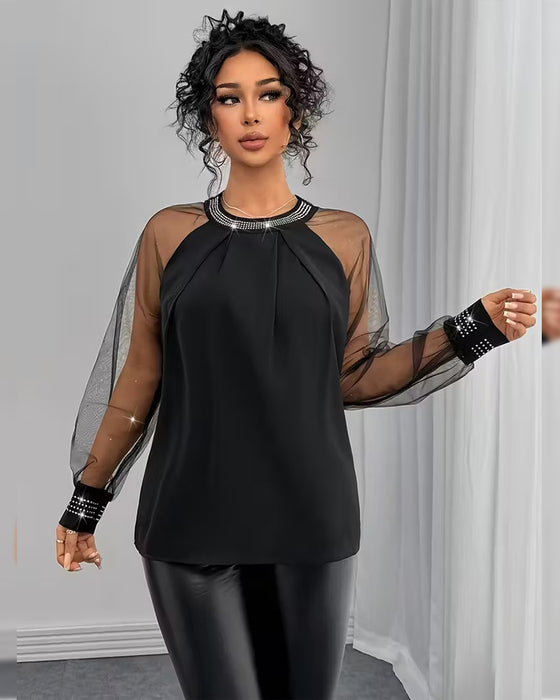 Bluse Heiß Strass Mesh Langarm Modisch
