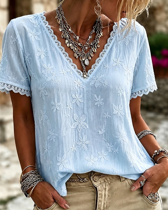Bluse V-Ausschnitt Spitze Kurzarm