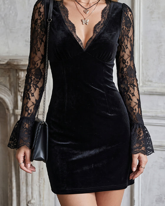 Kleid V-Ausschnitt Einfarbig Langarm