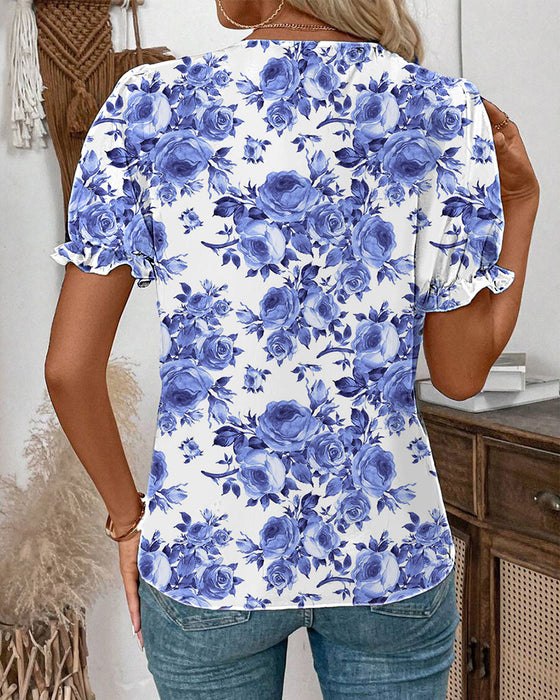 Bluse Puffärmel Rosenprint