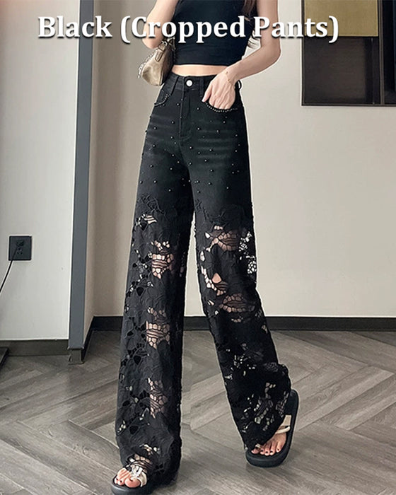 Jeans Damen Strass Ausschnitt Weites Bein