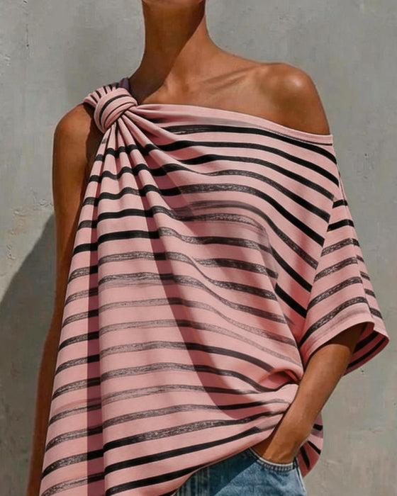 Bluse Gestreift Ein-Schulter Twist Knoten