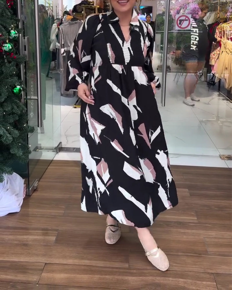 Kleid V-Ausschnitt bedruckt langärmlig